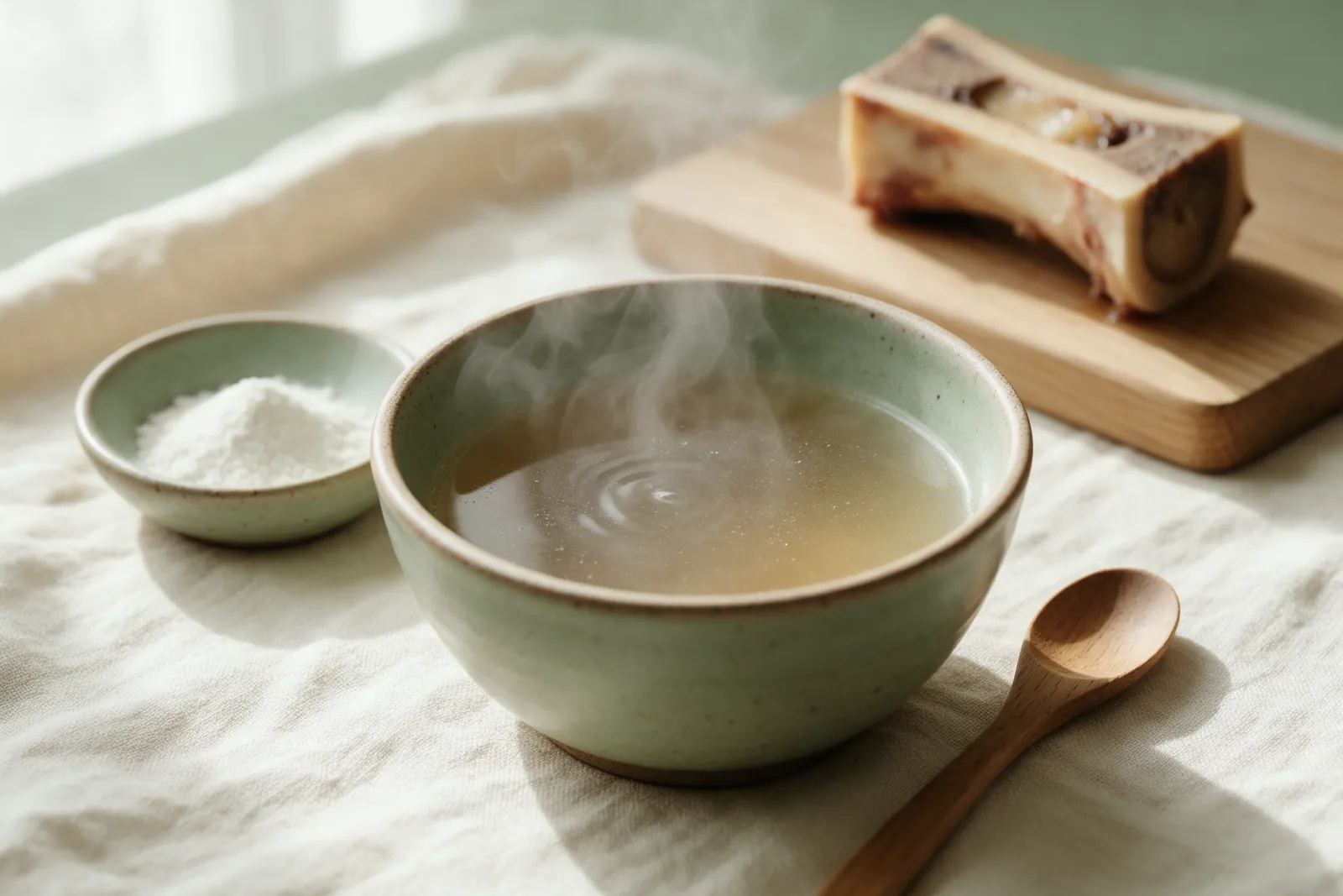 bol de bouillon d'os fumant à côté d'une coupelle de poudre blanche sur une nappe en lin