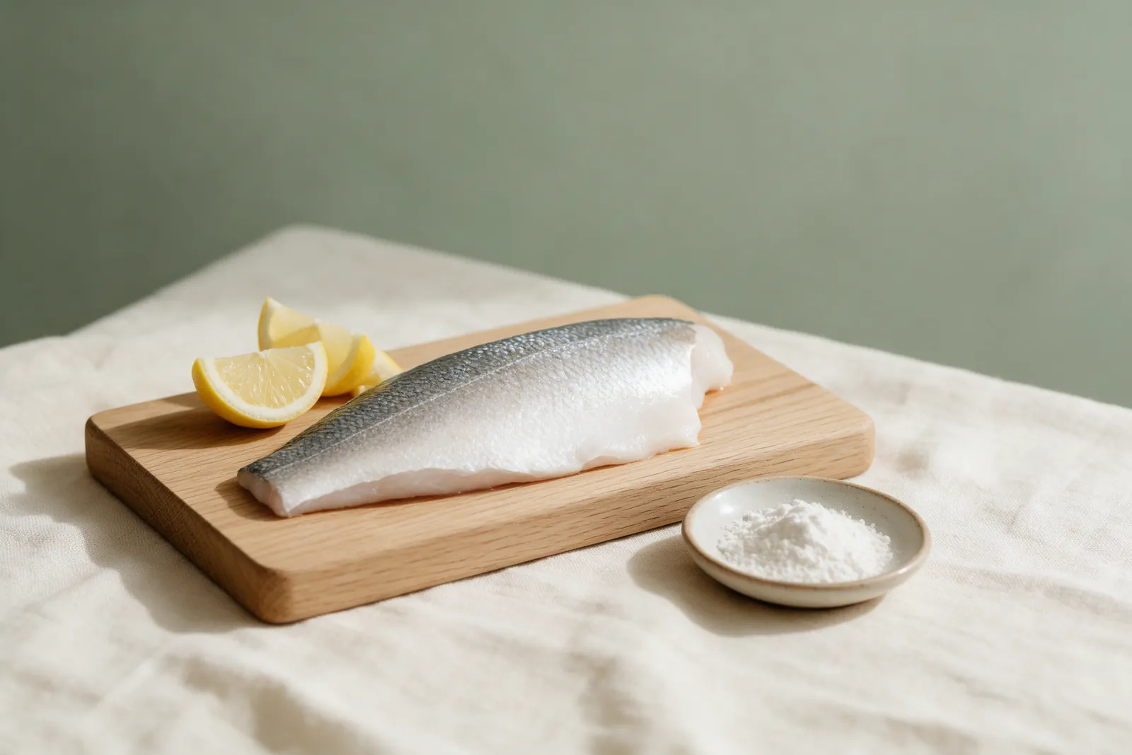 Peau de poisson et collagène marin coupelle de poudre blanche posée à côté d'un filet de poisson cru et de quartiers de citron