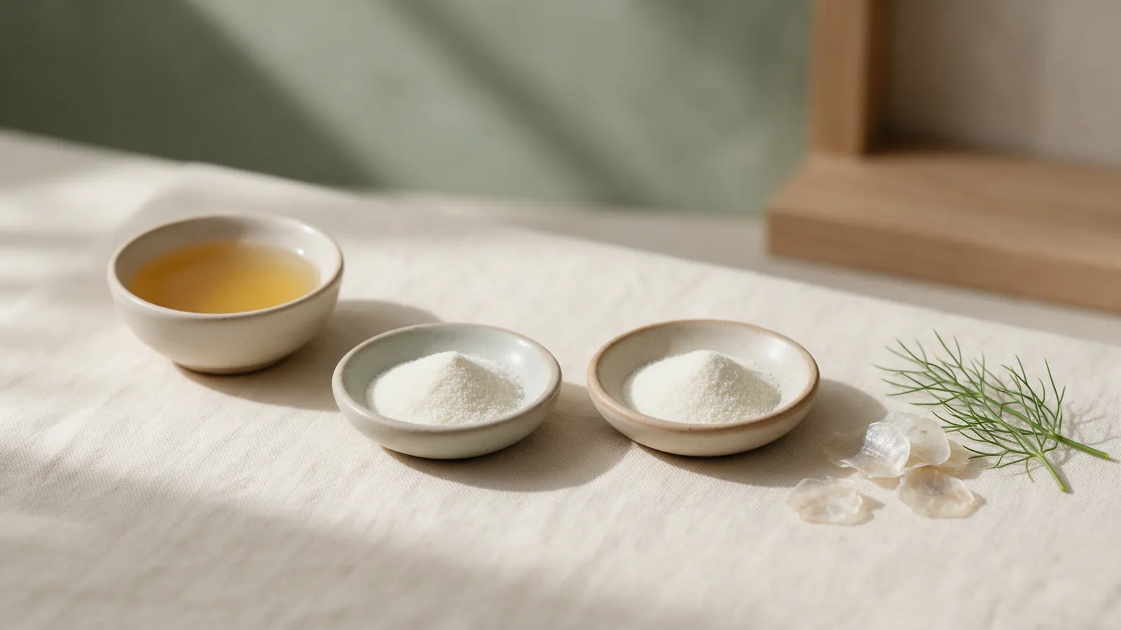 deux coupelles de poudre de collagène, l'une à côté d'un bouillon d'os, l'autre à côté d'écailles et d'un brin d'algue
