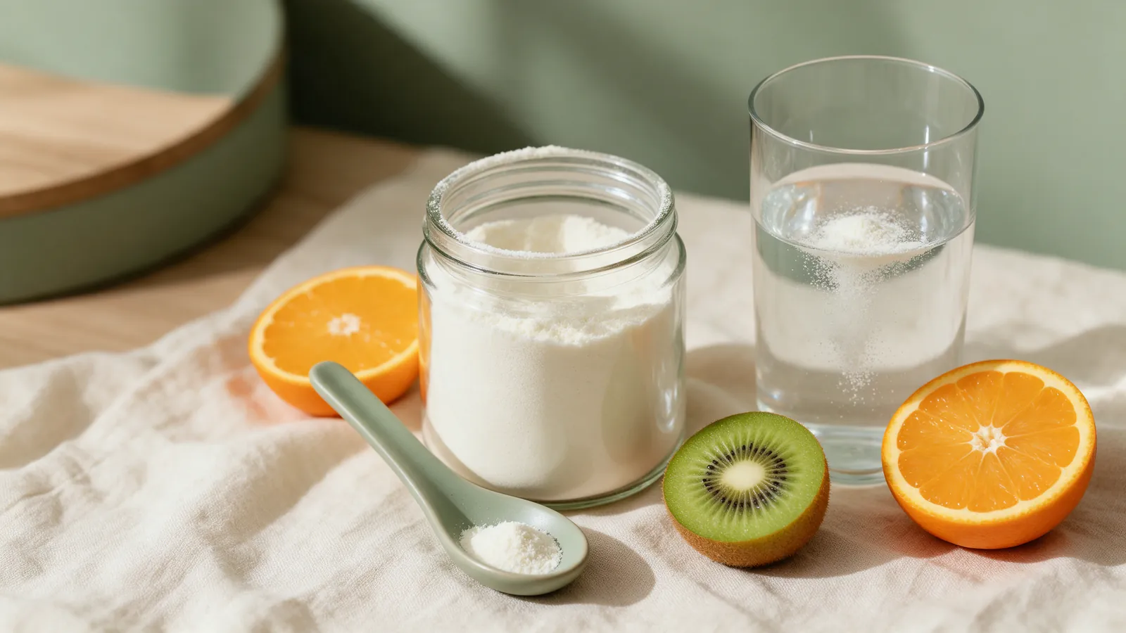 Pot de poudre de collagène, verre d'eau et agrumes coupés sur une nappe en lin