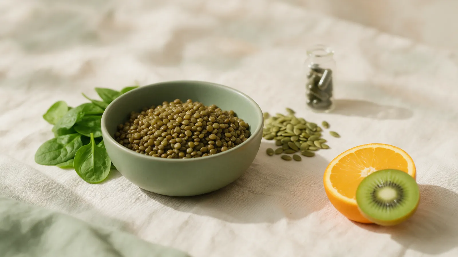 Lentilles, épinards, graines de courge et agrumes, aliments riches en fer, avec un flacon de gélules