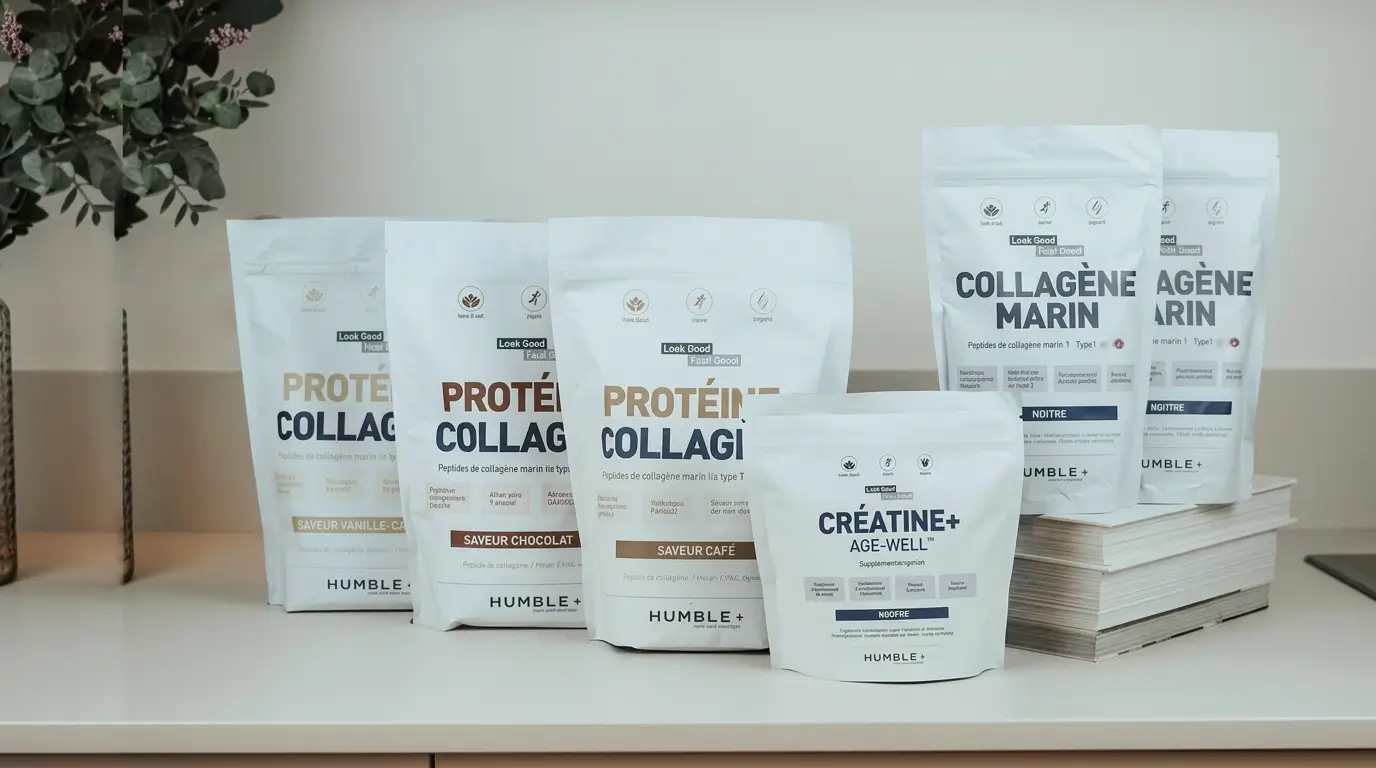 Sachets de compléments Humble+ (protéine collagène, collagène marin, créatine) sur un meuble clair