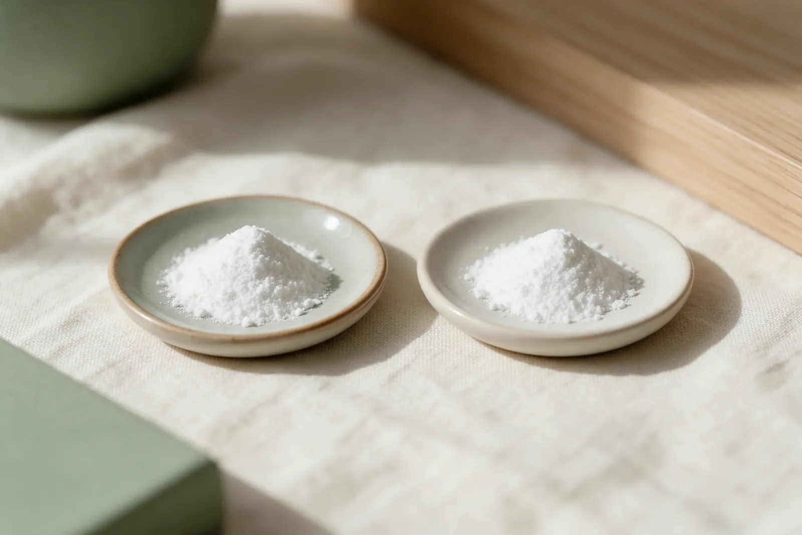 L-glutamine ou D-glutamine, laquelle choisir ? deux coupelles de poudre blanche pour comparer L-glutamine et D-glutamine