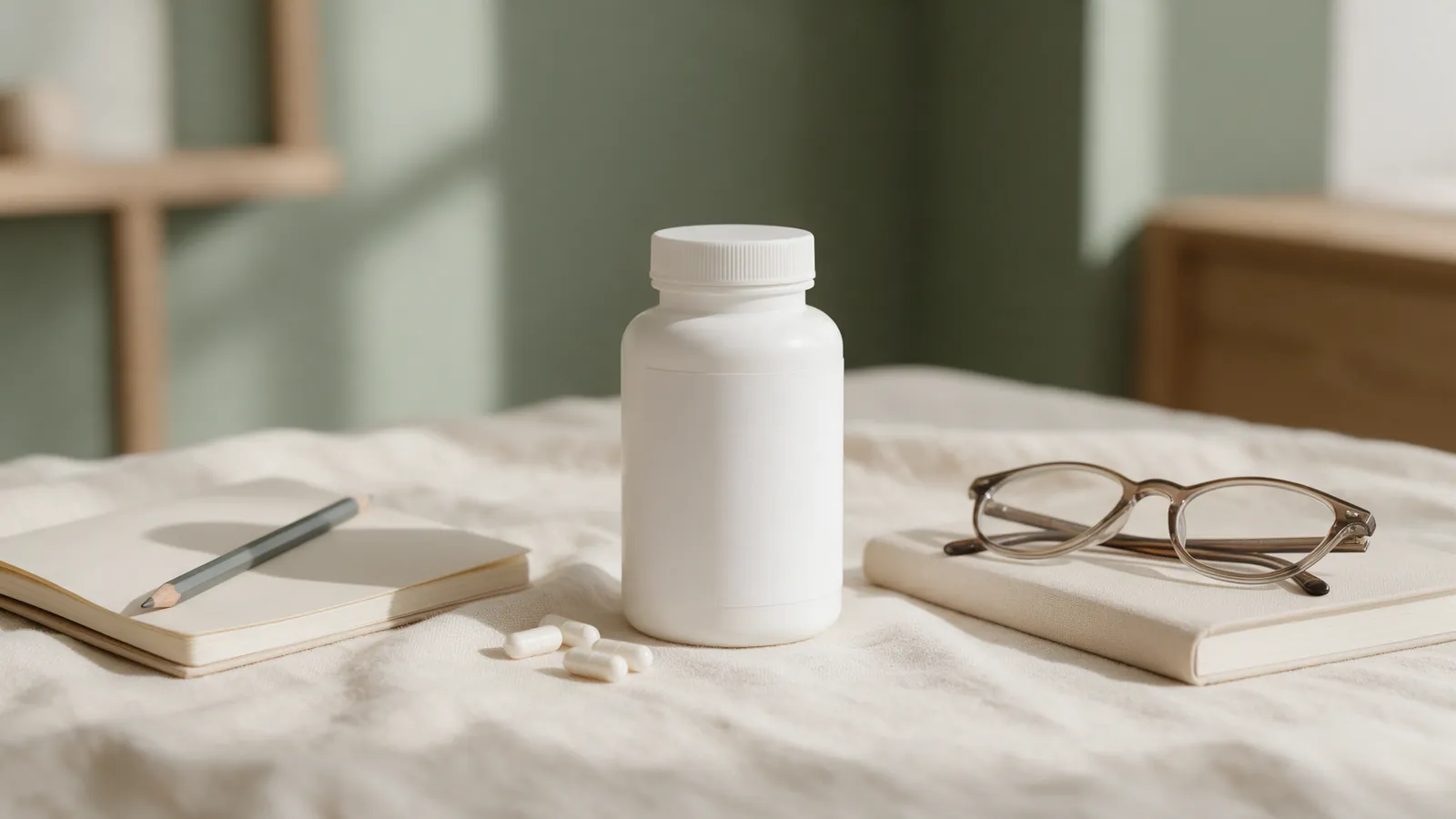 Pot de complément alimentaire sans étiquette, gélules, carnet et lunettes de lecture