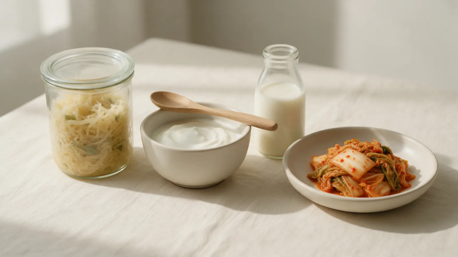 Choucroute en bocal, yaourt nature, kéfir et kimchi, aliments fermentés