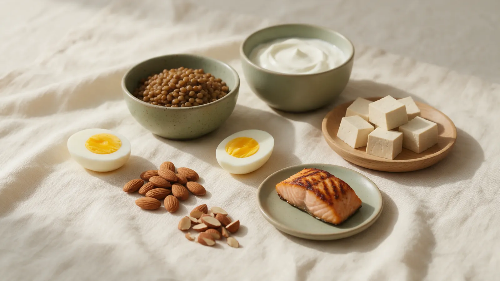 Œufs, lentilles, yaourt nature, tofu, amandes et saumon disposés sur une nappe en lin