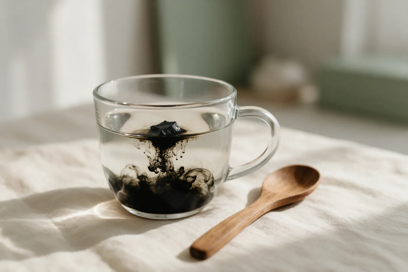 Résine de shilajit en train de se dissoudre dans une tasse d'eau chaude
