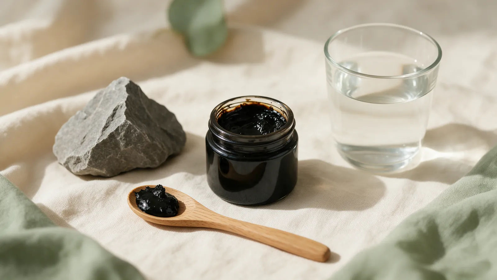 Résine noire de shilajit dans un pot en verre foncé, cuillère en bois et tasse d'eau chaude