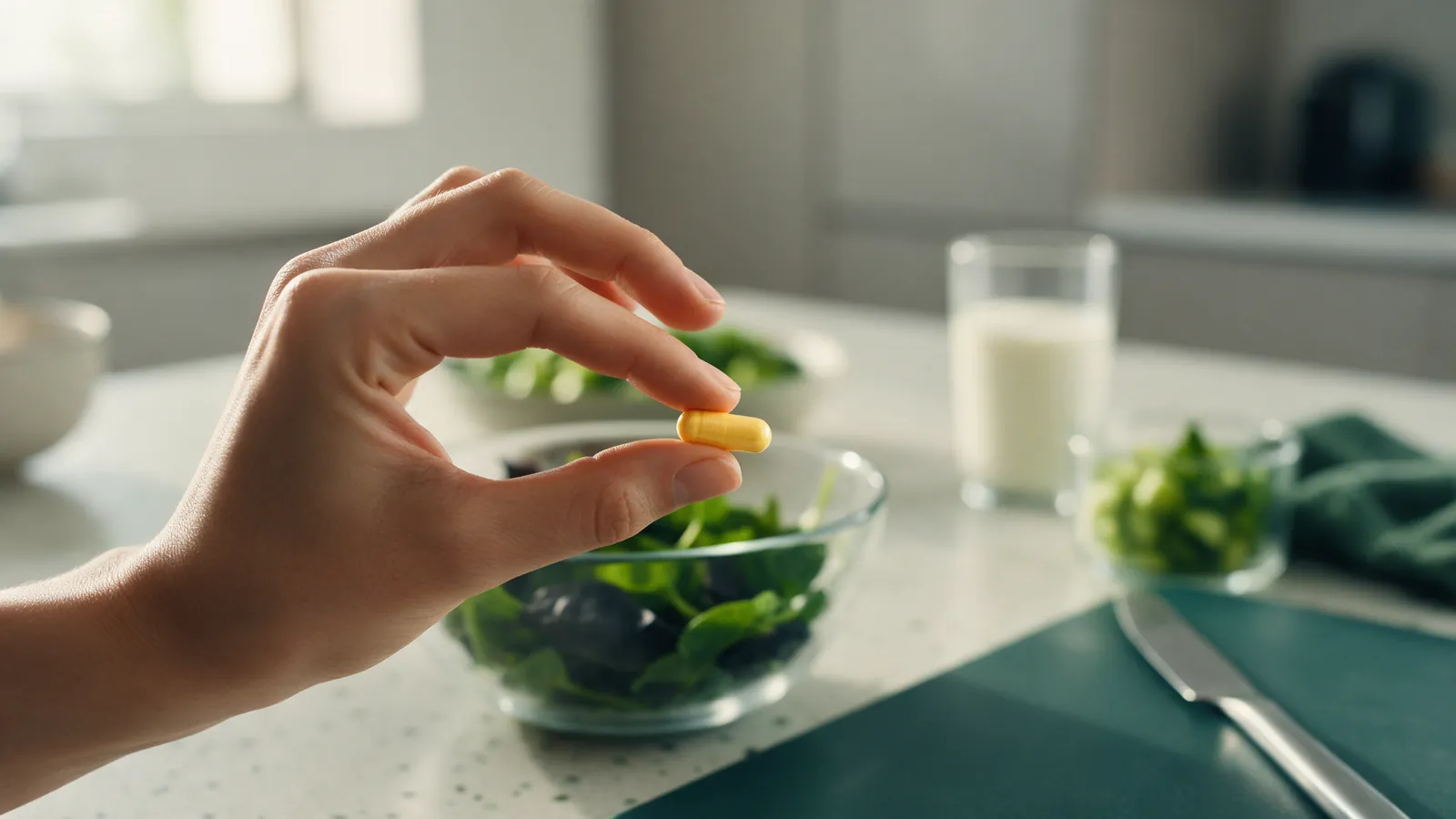 vitamine k2 en gélule posée près d'aliments riches en calcium