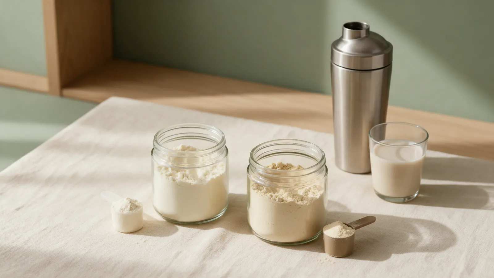 Deux pots de poudre de protéines, l'un blanc et l'autre beige, avec un shaker et un verre de boisson végétale