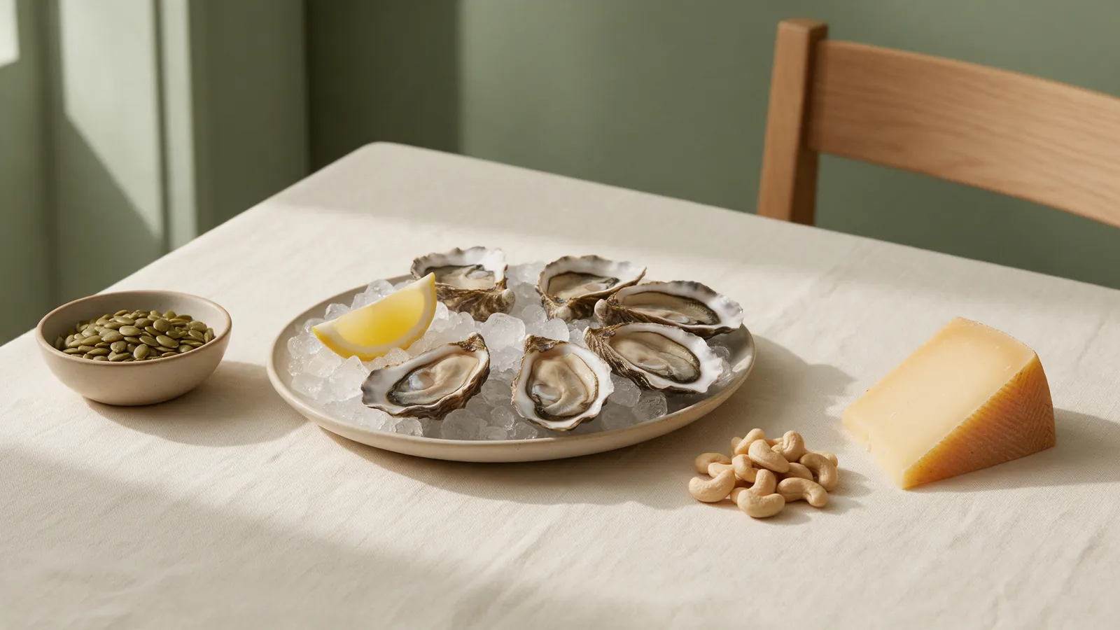 Huîtres, graines de courge, noix de cajou et fromage, aliments riches en zinc