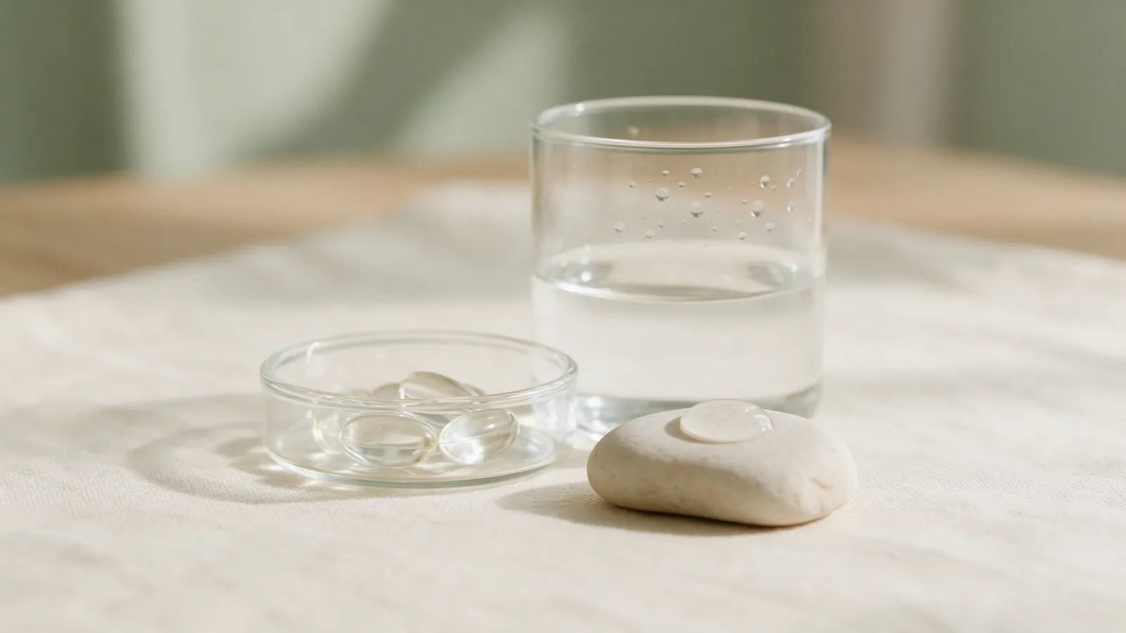 Gélules transparentes dans une coupelle en verre à côté d'un verre d'eau et d'une goutte de gel sur une pierre claire