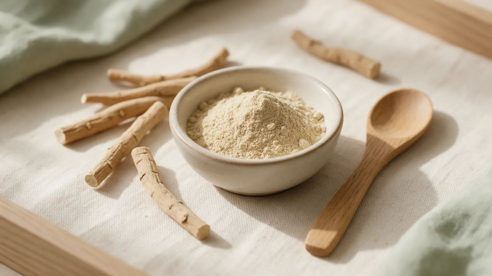 Racines et poudre d'ashwagandha dans un bol en céramique avec une cuillère en bois