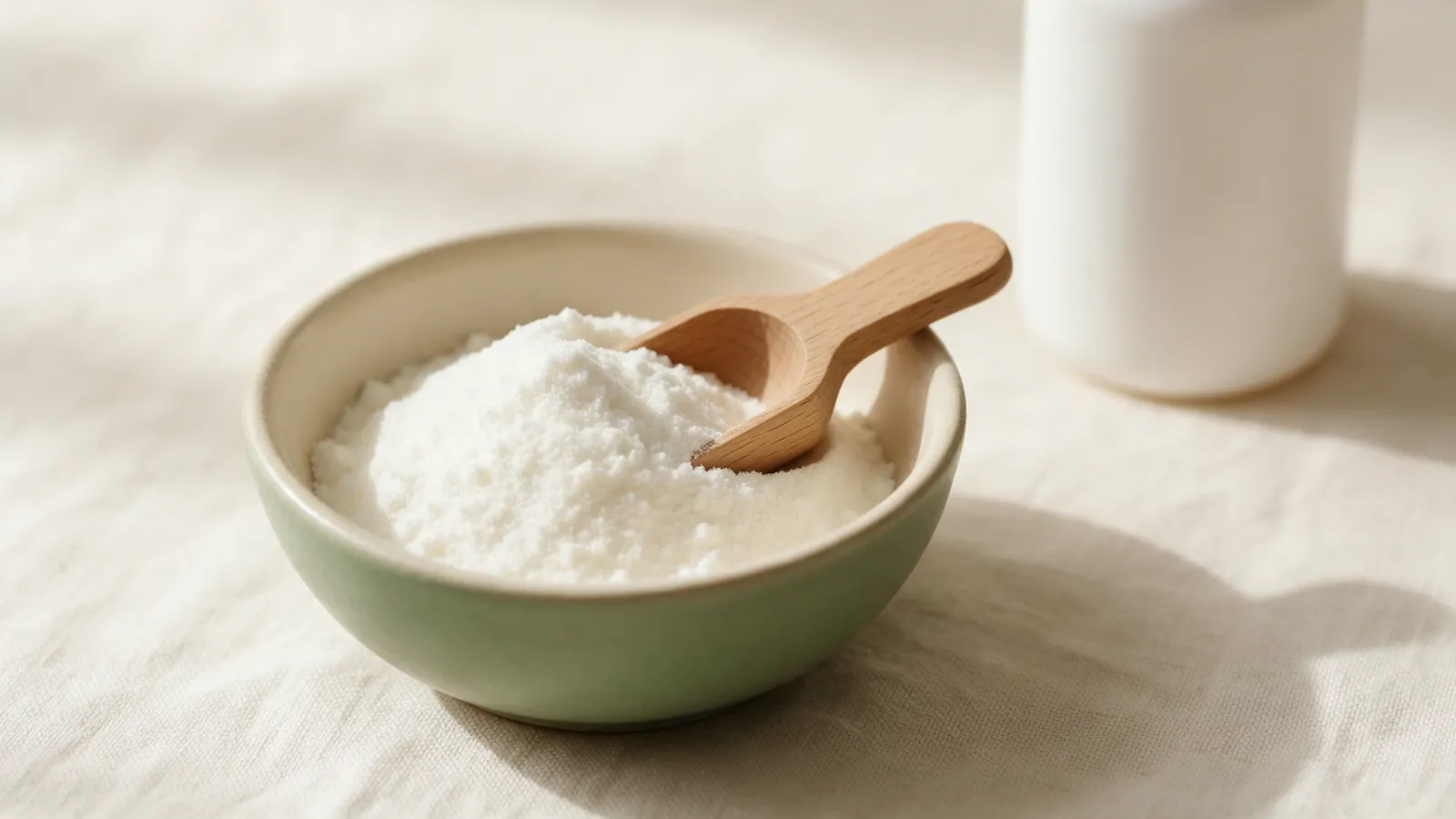 Poudre blanche d'acides aminés dans une coupelle en céramique avec une cuillère doseuse en bois et un shaker uni