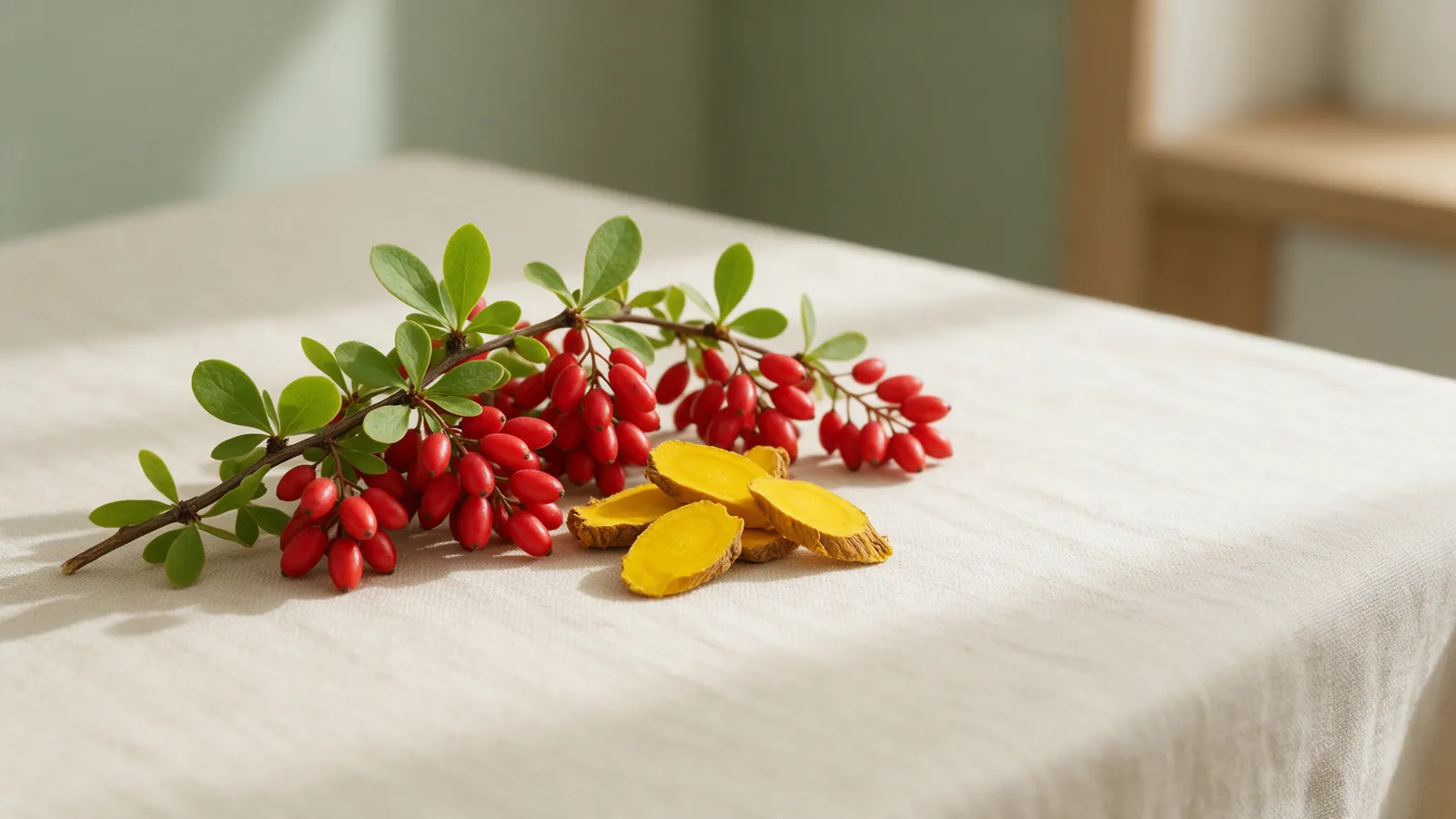 Branche d'épine-vinette chargée de baies rouges et racine jaune coupée sur une table en lin