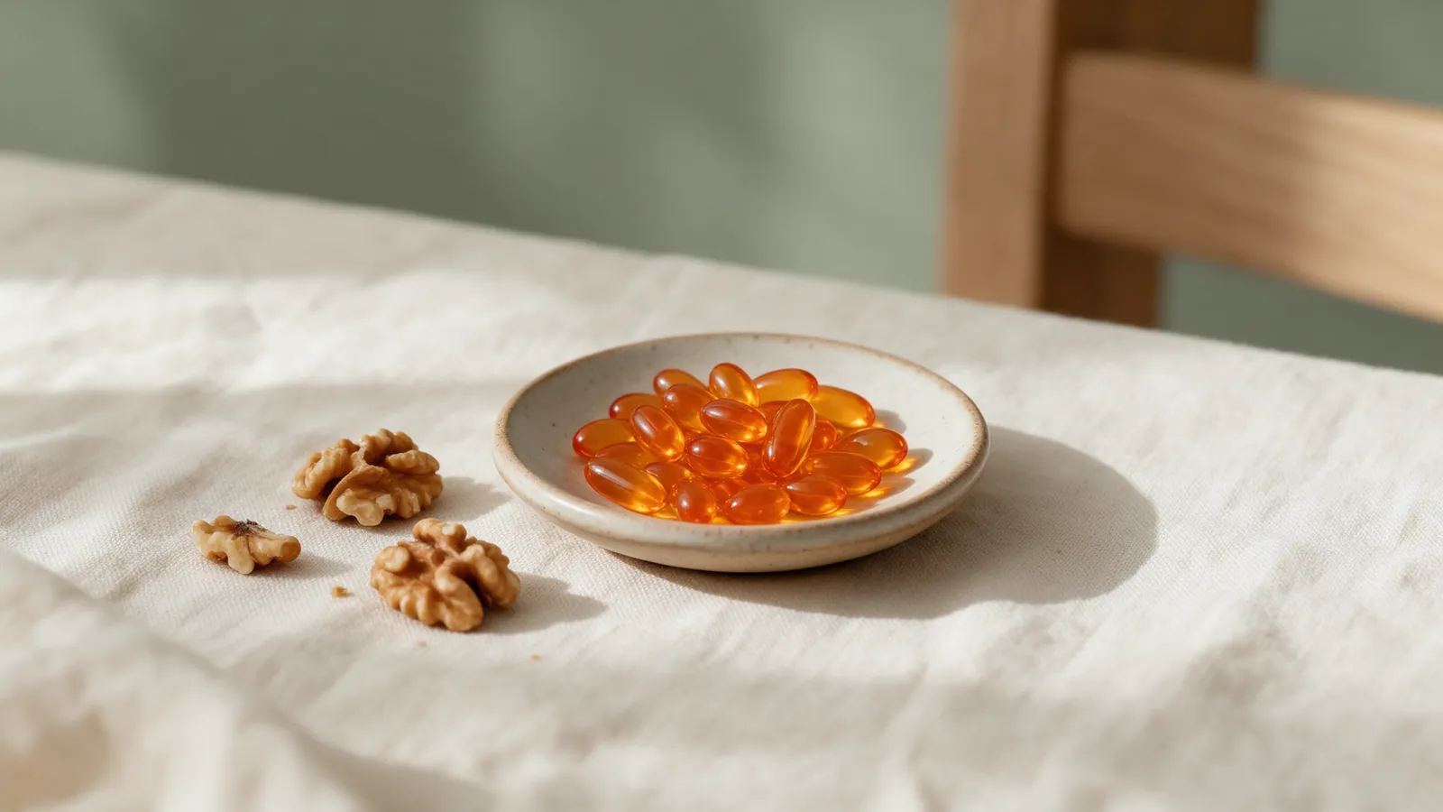 Gélules molles orangées de coenzyme Q10 dans une coupelle en céramique à côté de quelques noix