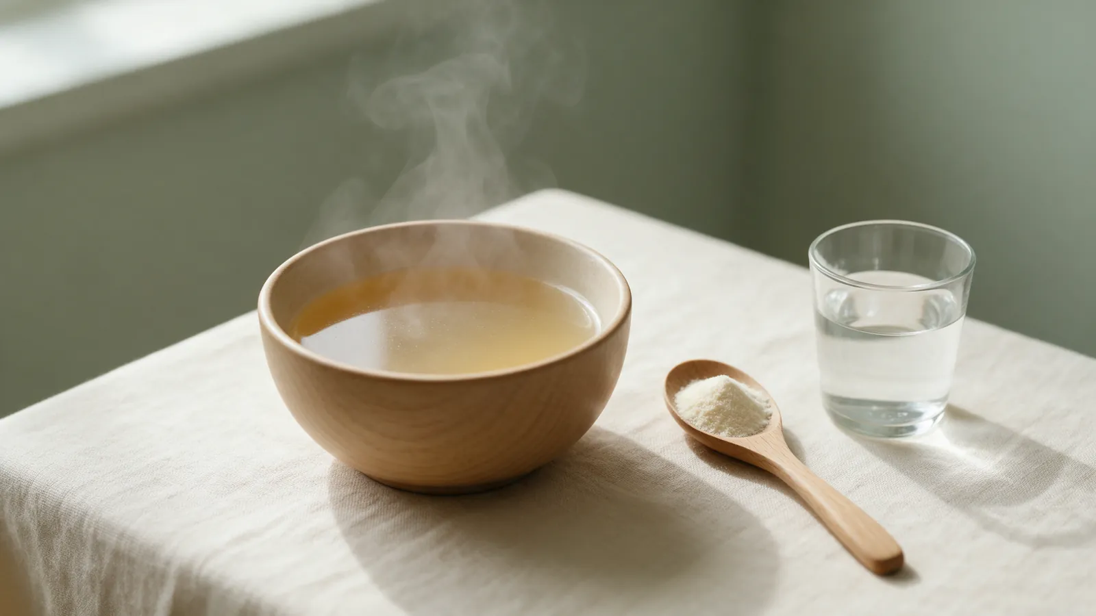 Bol de bouillon d'os fumant et cuillère de poudre de collagène sur une table en lin clair