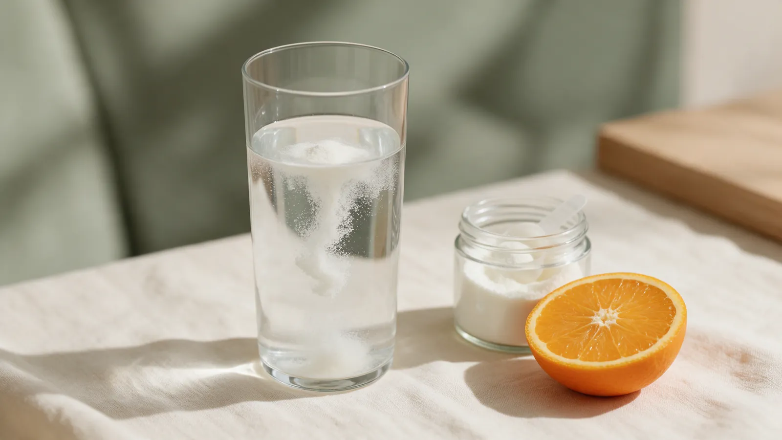 Verre d'eau où se dissout de la poudre de collagène marin, à côté d'un pot et d'une orange coupée
