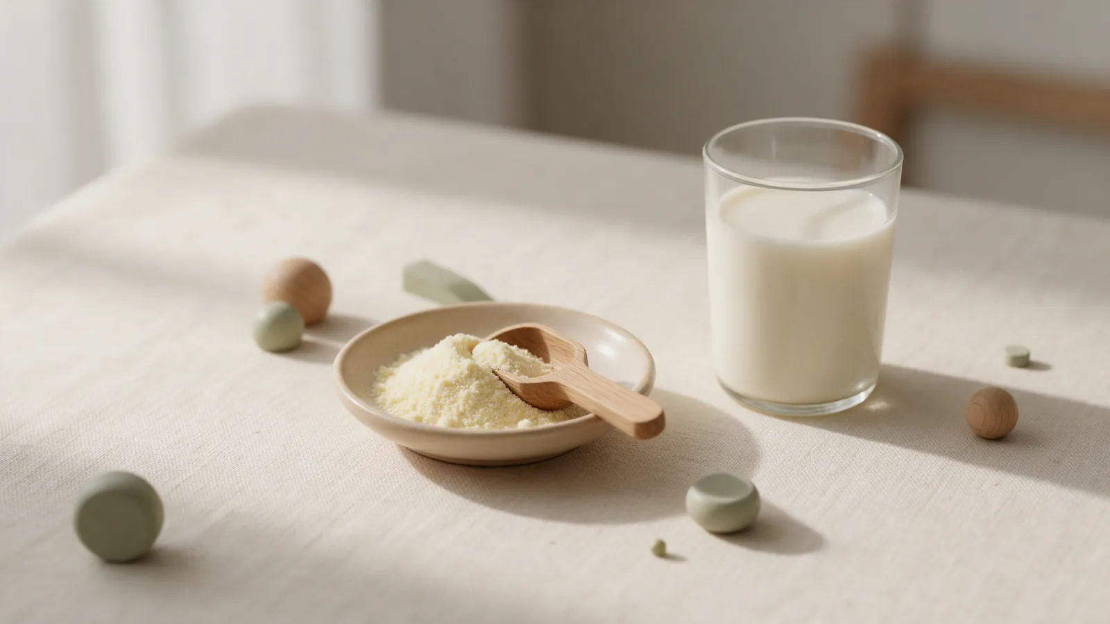 Poudre de colostrum crème dans une coupelle en céramique à côté d'un verre de lait sur une table en lin