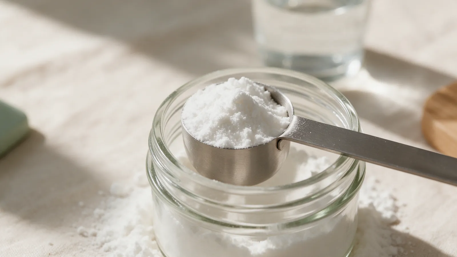 Dosette remplie de poudre de créatine monohydrate posée sur un pot en verre ouvert