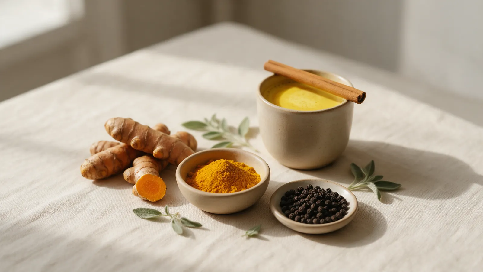 Rhizomes de curcuma frais, poudre dorée, grains de poivre noir et tasse de lait doré