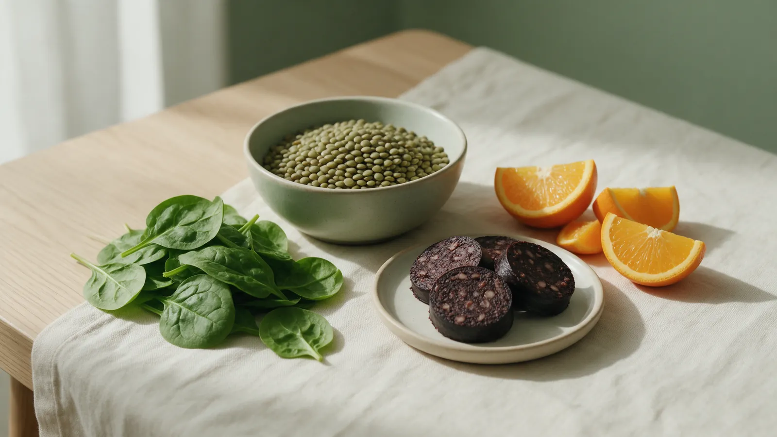 Lentilles, épinards, boudin noir et quartiers d'orange disposés sur une table en bois clair