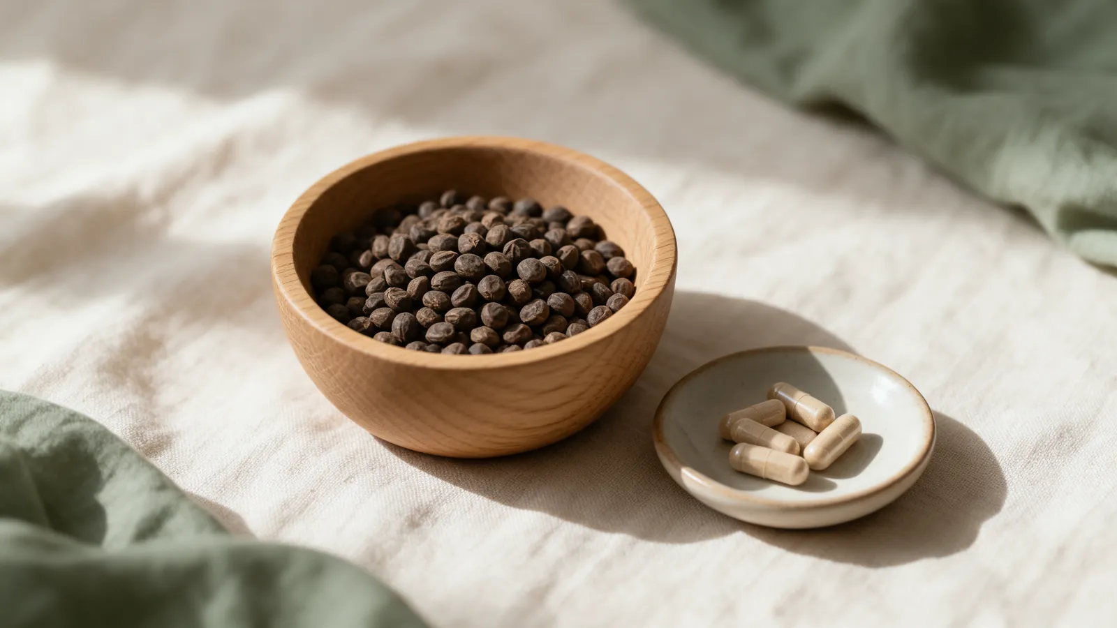 Graines brunes de griffonia dans un bol en bois et gélules beiges dans une coupelle en céramique sur une table en lin