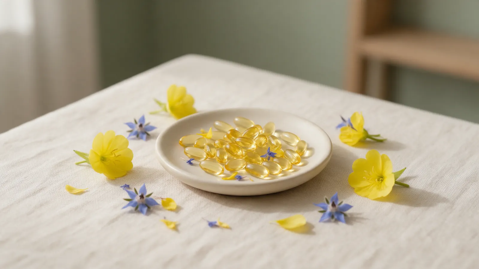 Capsules d'huile dorée dans une coupelle en céramique à côté de fleurs jaunes d'onagre et de fleurs bleues de bourrache