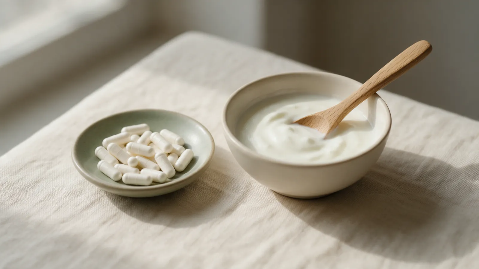 Gélules de probiotiques et bol de lait fermenté sur une table en lin