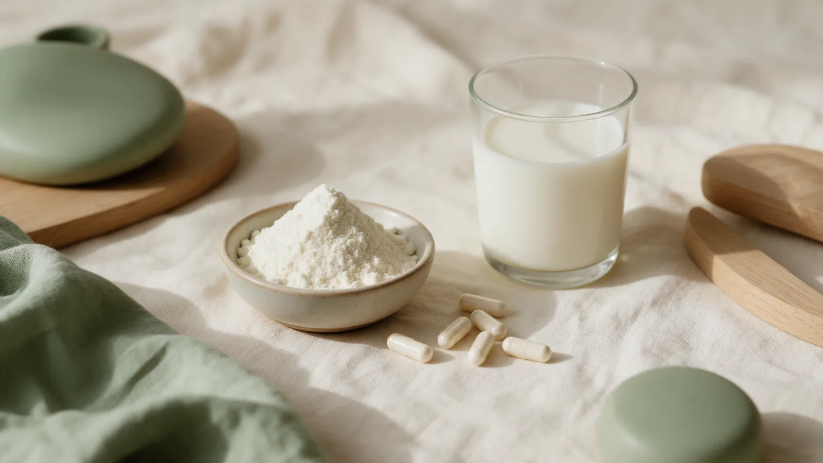 Poudre blanche de lactoferrine dans une coupelle en céramique à côté de quelques gélules et d'un verre de lait sur une table en lin