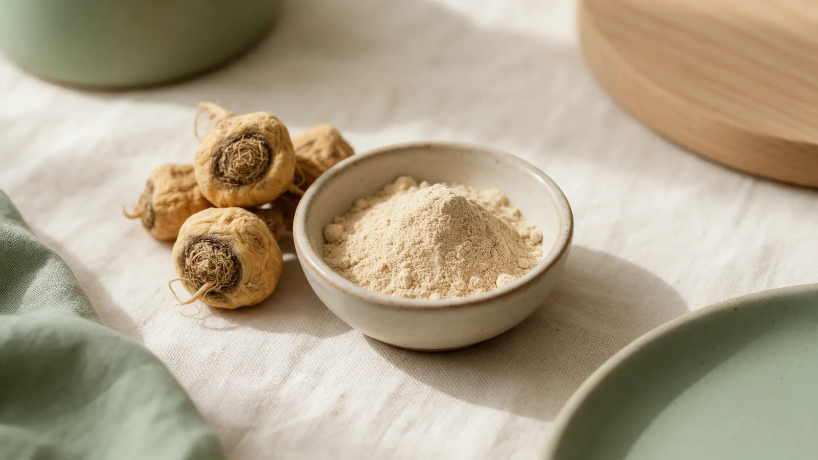 Poudre de maca beige dans une coupelle en céramique à côté de racines séchées