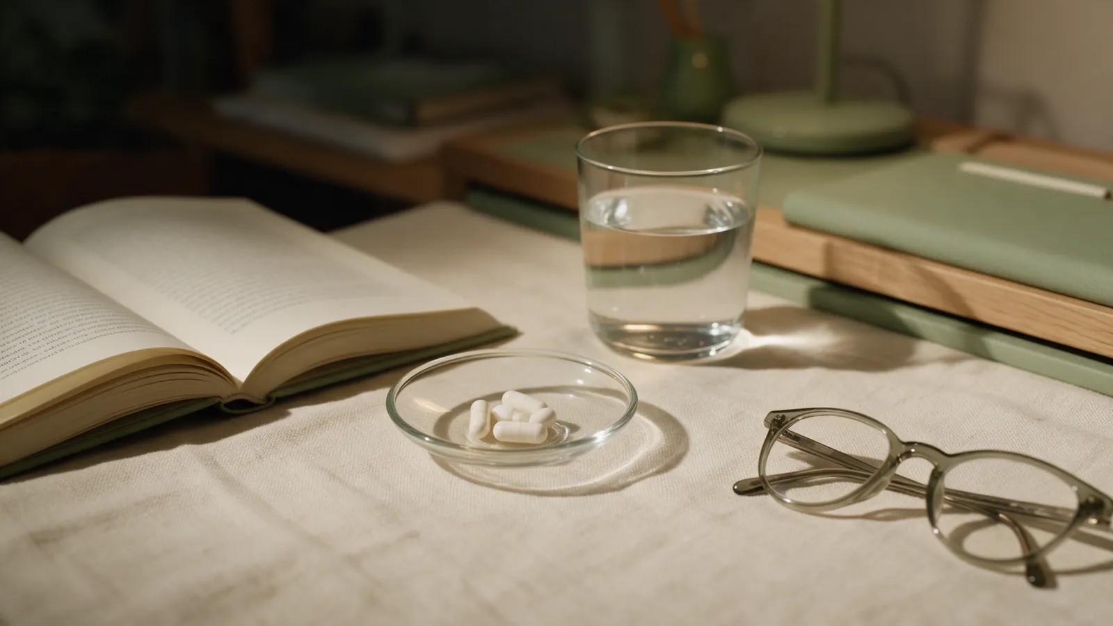 Gélules blanches dans une coupelle en verre, verre d'eau, livre ouvert et lunettes à la lumière d'une lampe