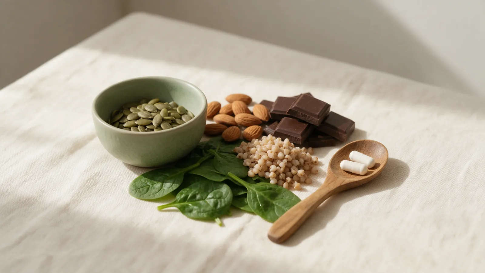 Graines de courge, amandes, chocolat noir, sarrasin et épinards, aliments riches en magnésium