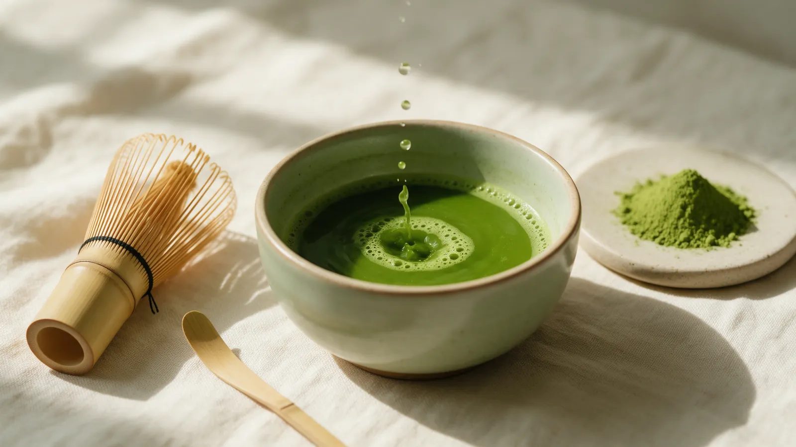 Bol de matcha fouetté, fouet en bambou et poudre de matcha sur une coupelle