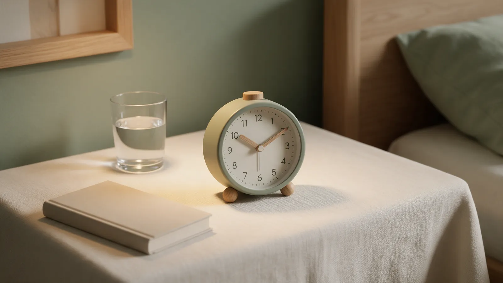 Table de nuit baignée d'une lumière douce, avec un réveil, un verre d'eau et un livre fermé