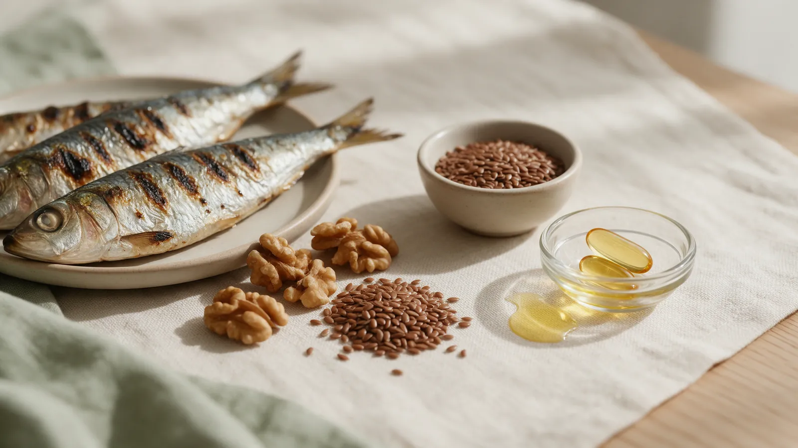 Sardines grillées, noix, graines de lin et capsules d'huile de poisson ambrées
