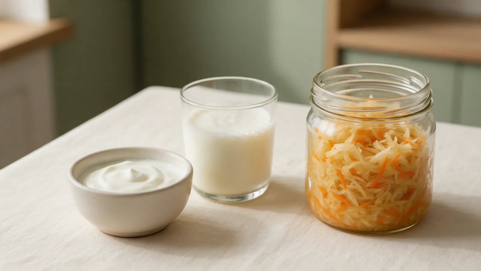 Bol de yaourt nature, verre de kéfir et bocal de légumes lacto-fermentés sur une table en lin