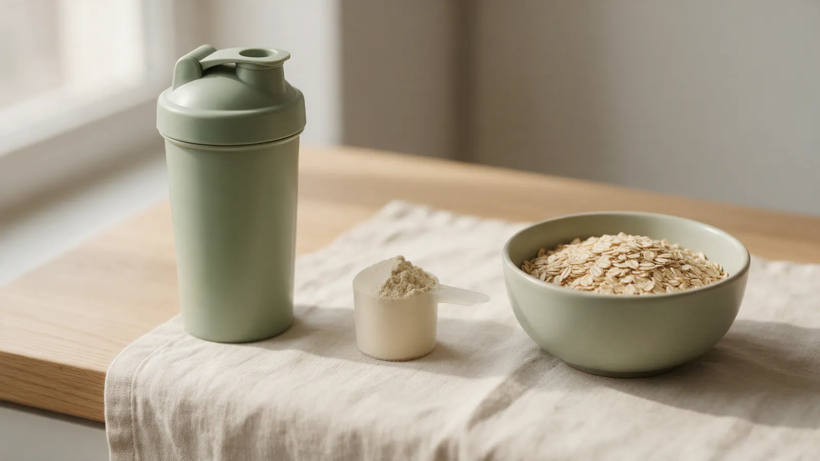 Shaker, cuillère doseuse de poudre beige et bol de flocons d'avoine sur un plan de travail en bois clair
