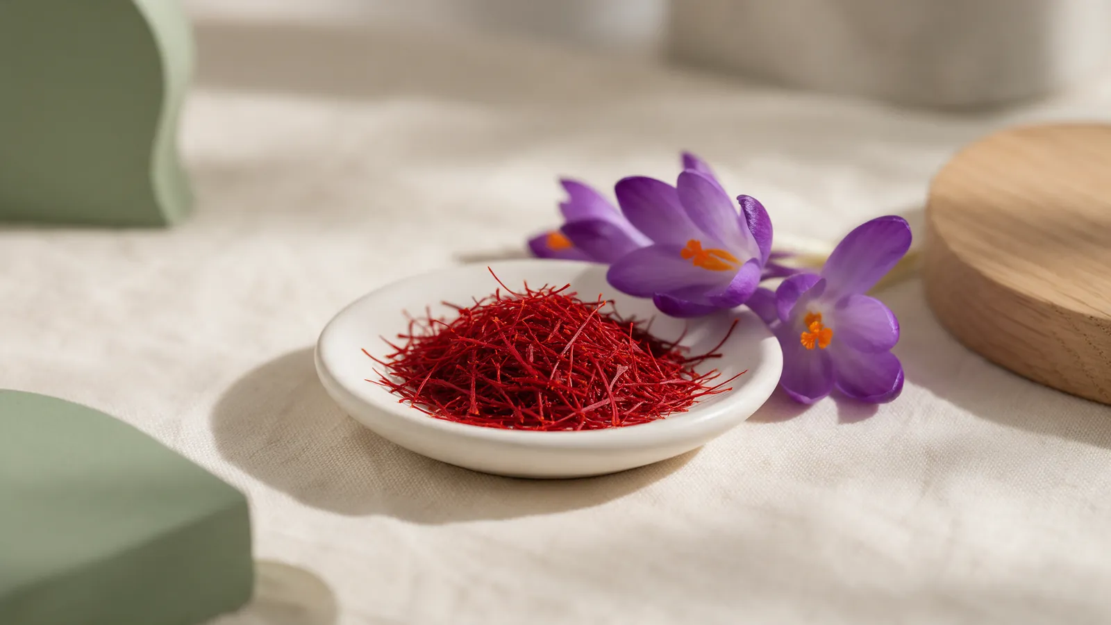 Filaments de safran rouge orangé dans une petite coupelle en céramique à côté de fleurs de crocus mauves