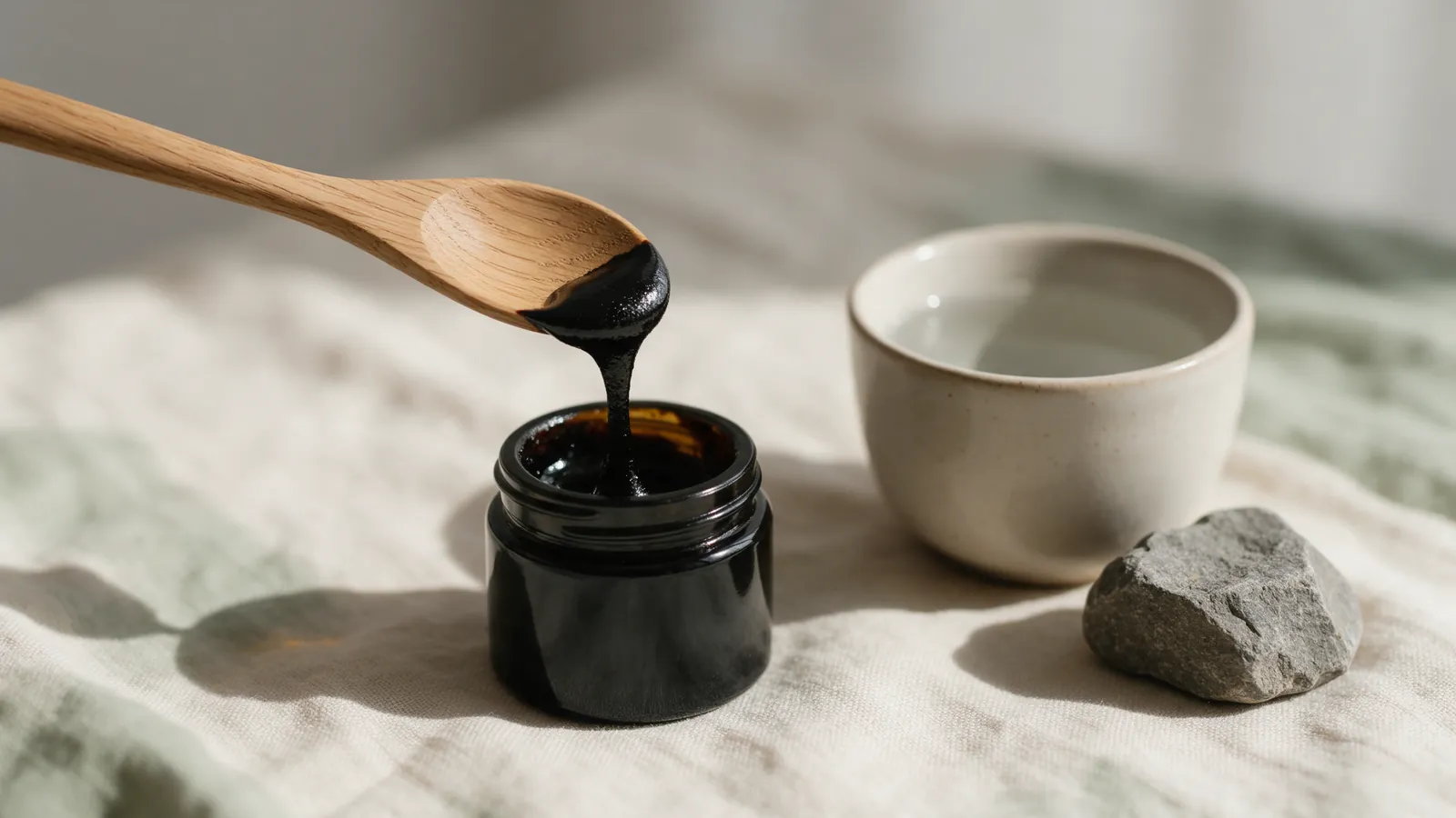 Résine noire de shilajit sur une cuillère en bois au-dessus d'un pot en verre foncé
