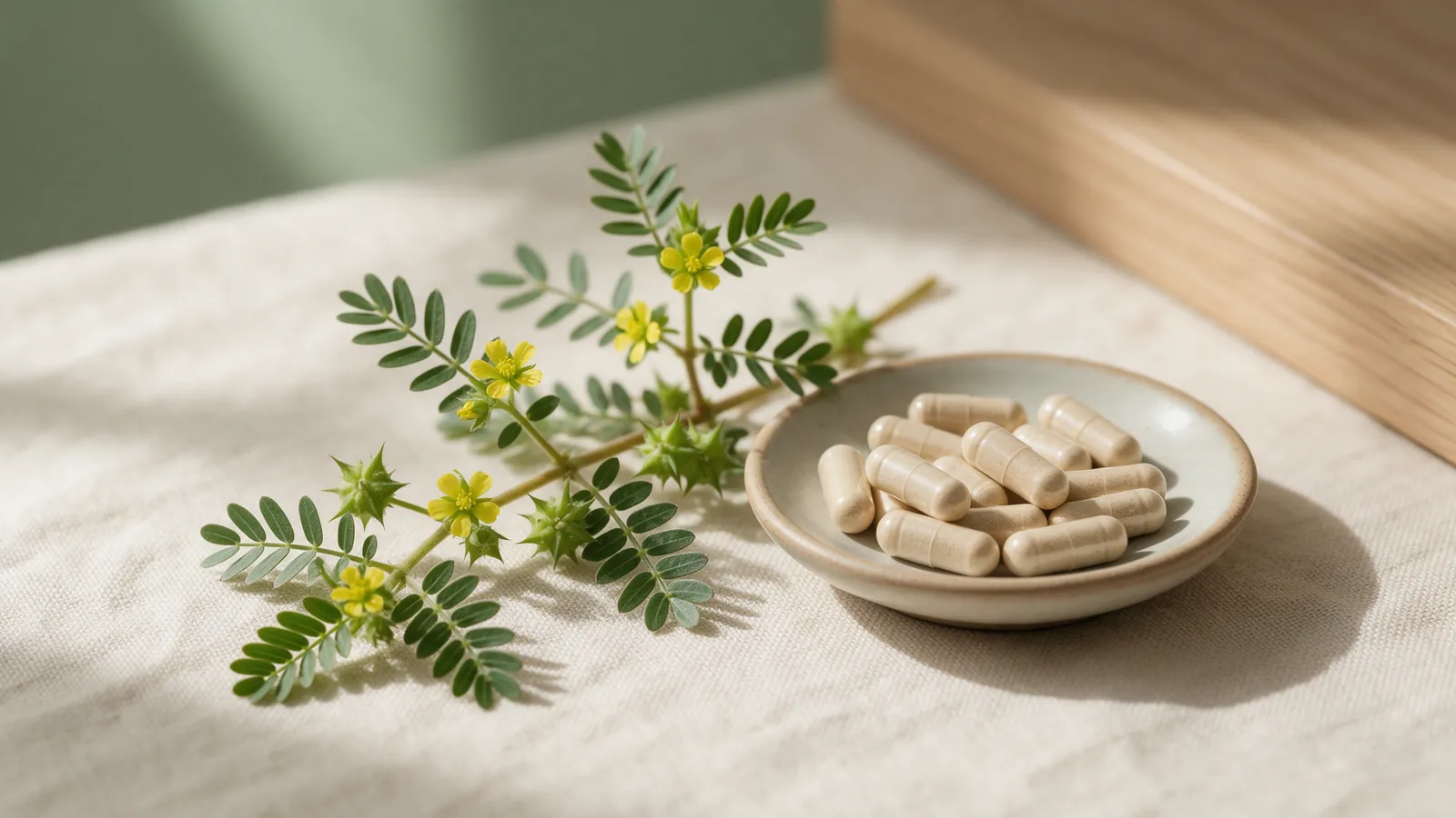 Plante de tribulus terrestris aux petites fleurs jaunes et fruits épineux, à côté d'une coupelle de gélules