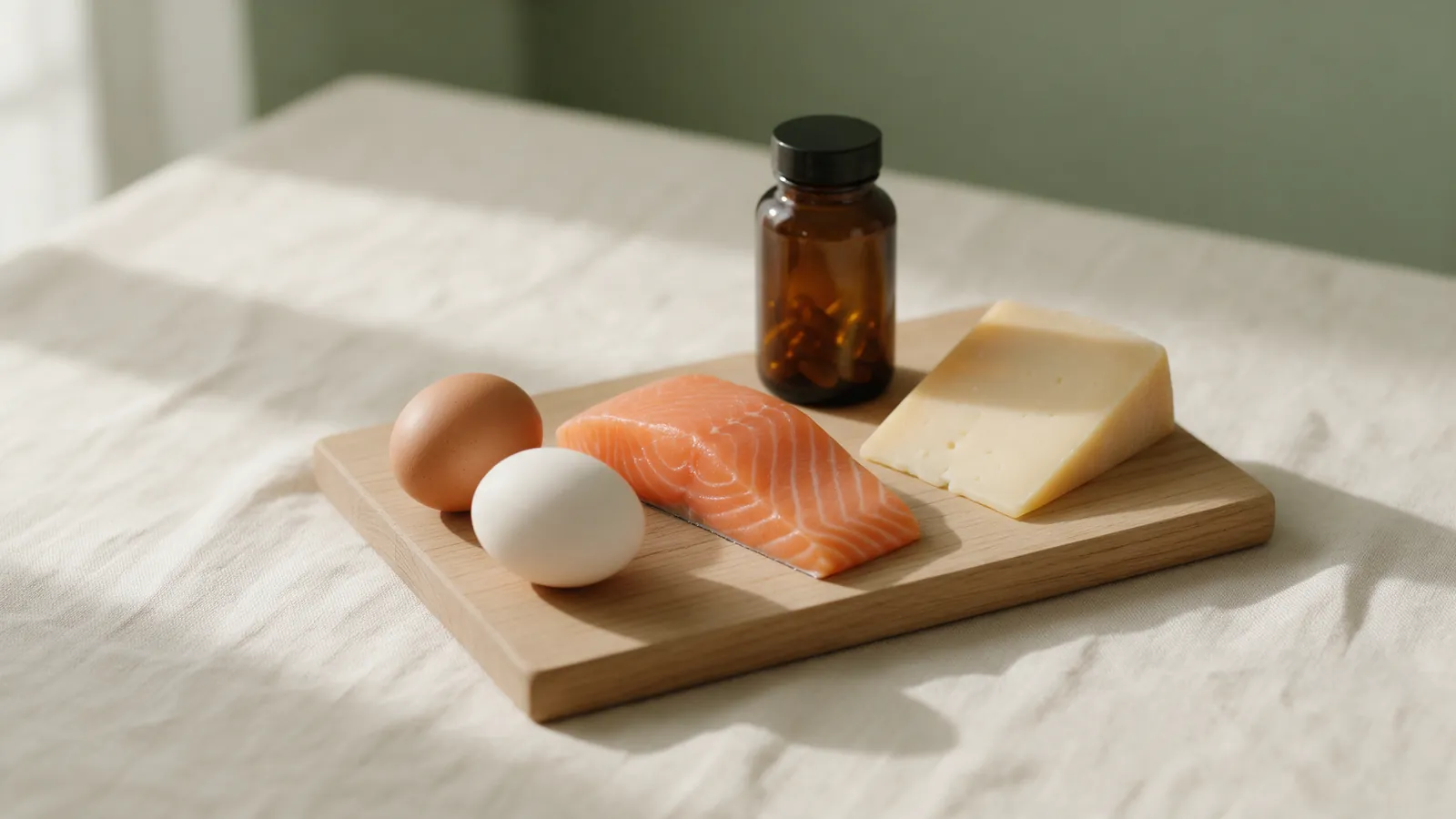 Œufs, saumon, fromage et petite fiole de compléments posés sur une planche en bois clair