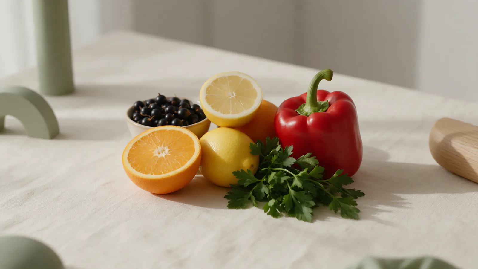 Oranges et citrons coupés, cassis, poivron rouge et persil frais sur une table en lin