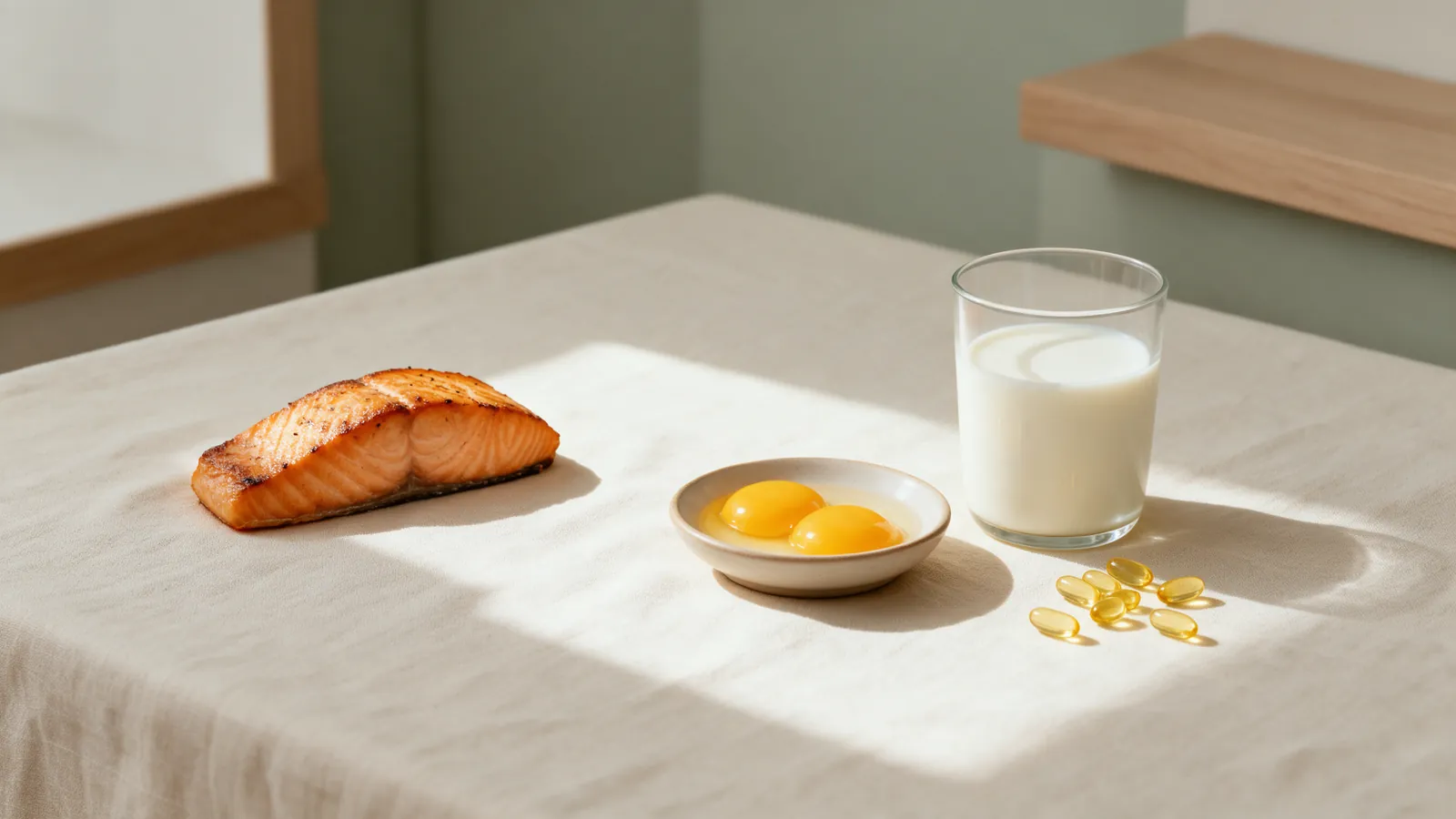 Saumon, jaunes d'œufs, verre de lait et capsules, avec un rayon de soleil sur la table