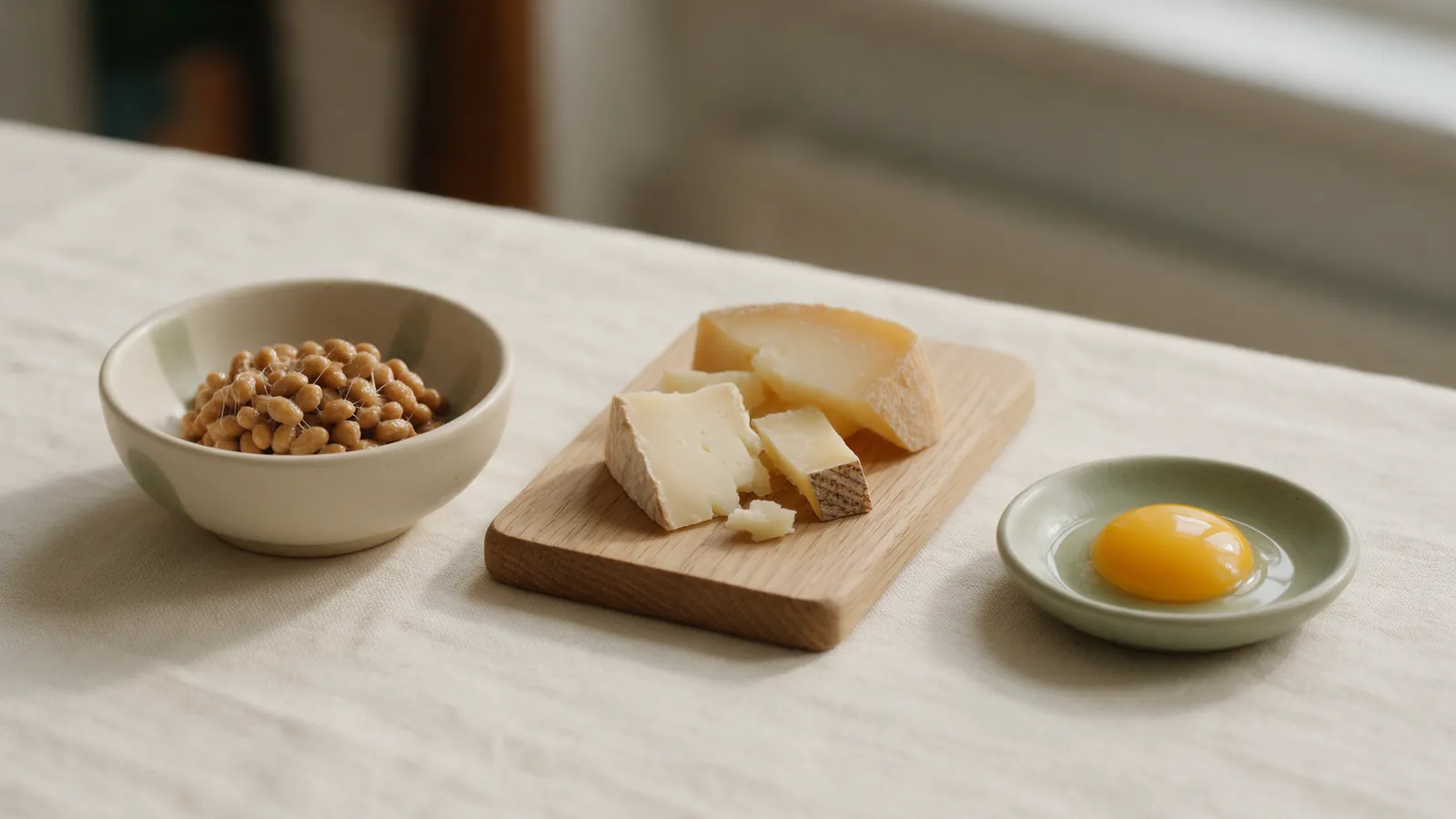Bol de natto, morceaux de fromage affiné et jaune d'œuf sur une table en lin clair