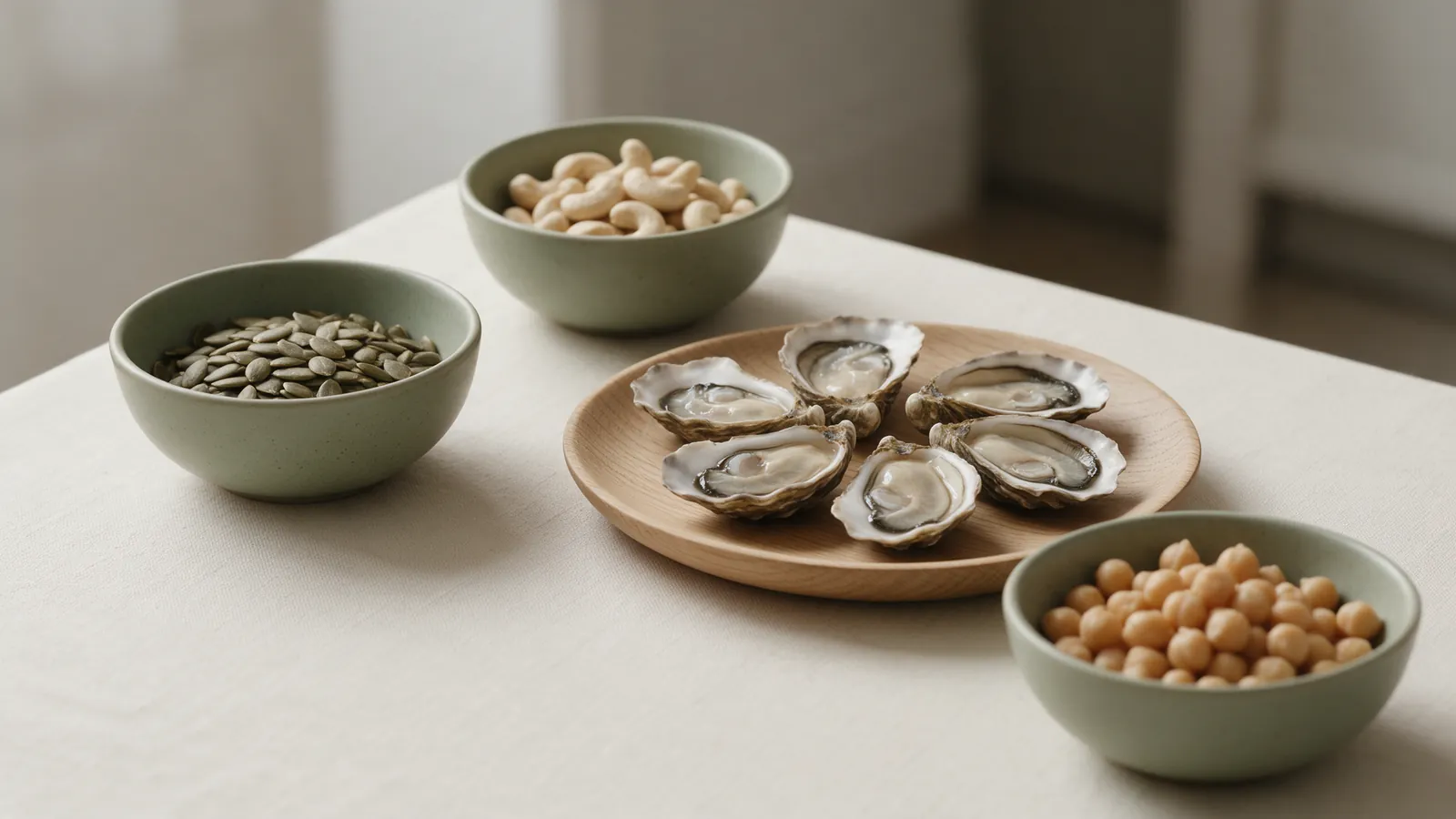 Graines de courge, noix de cajou, huîtres et pois chiches disposés sur une table en lin